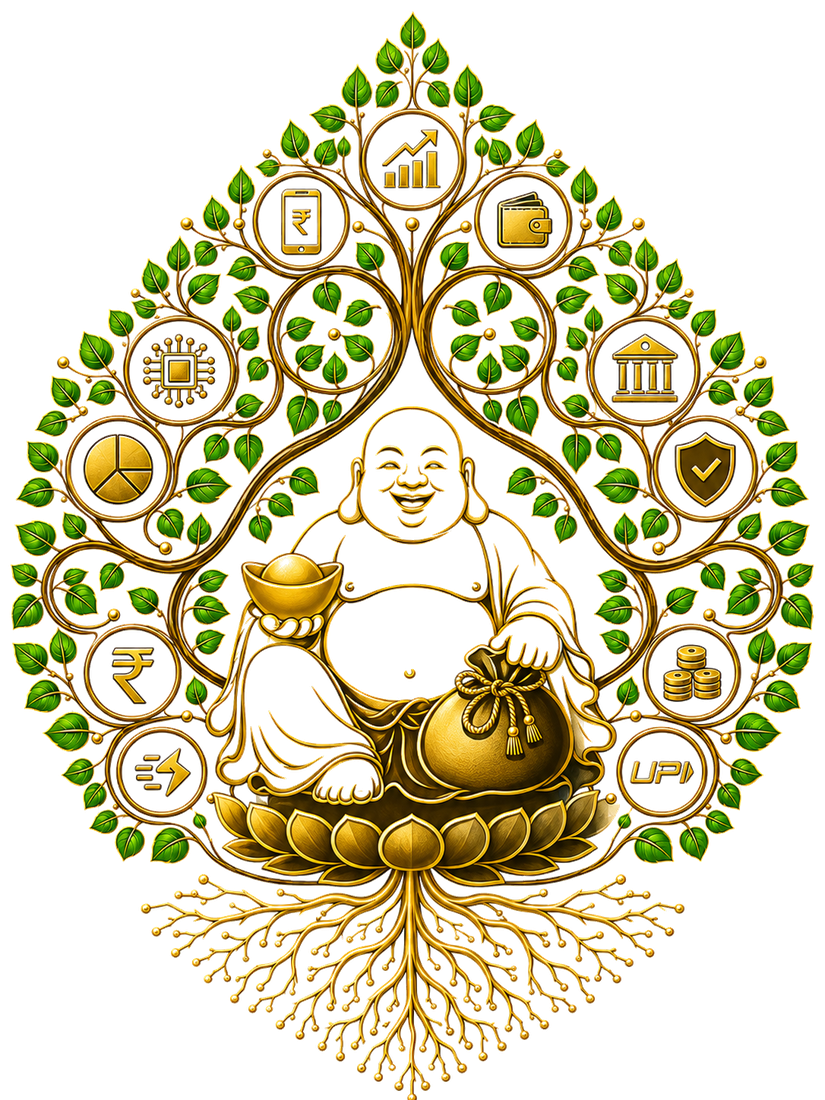 Kuber Map, a golden Buddha (Kubera, lord of wealth) beneath a Bodhi tree whose leaves bear financial icons (bank, wallet, chart, UPI, shield)
